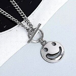 Sterling Silver Happy Smiley Face Chain Link Charm Pendant Necklace